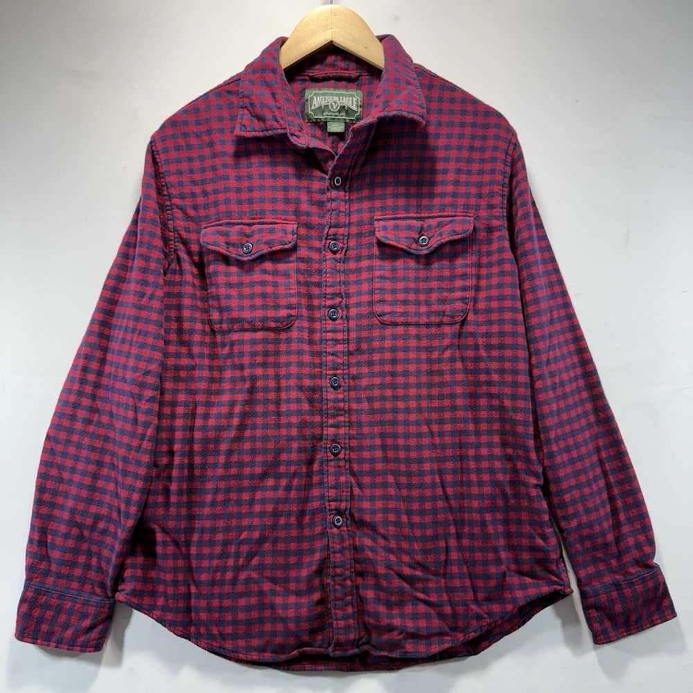 American Eagle Button Up Flannel Shirt Men's M Red Buffalo Plaid Cotton
